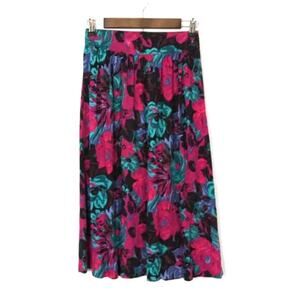 Vintage Erika Pink & Turquois Floral Print Midi Skirt Sz XS